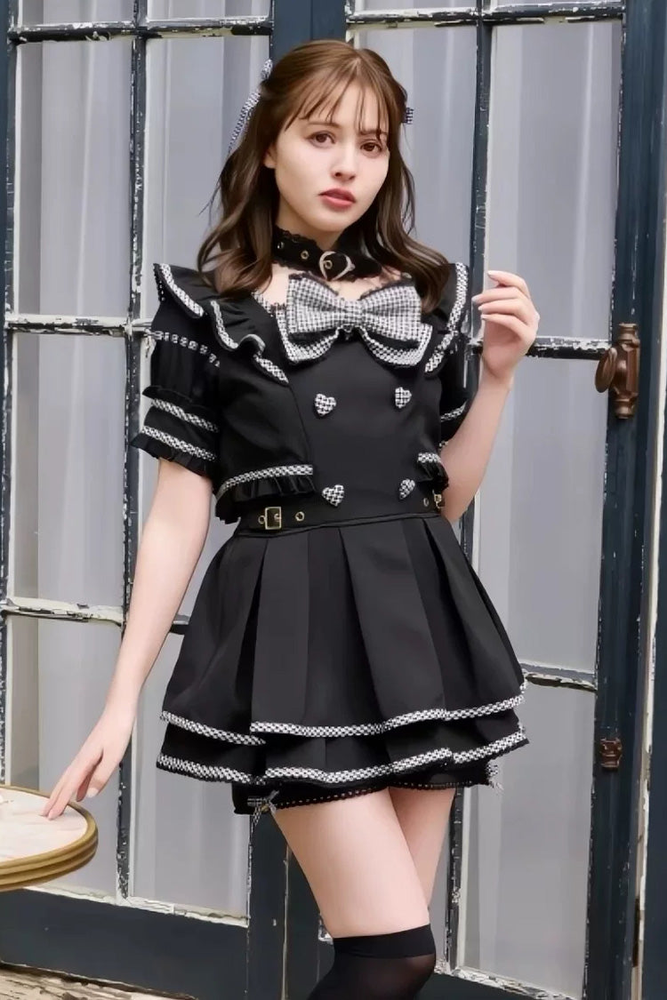 Cute Bow Print Square Neck Short Sleeve Plus Size Jirai Dress with Matching Shorts