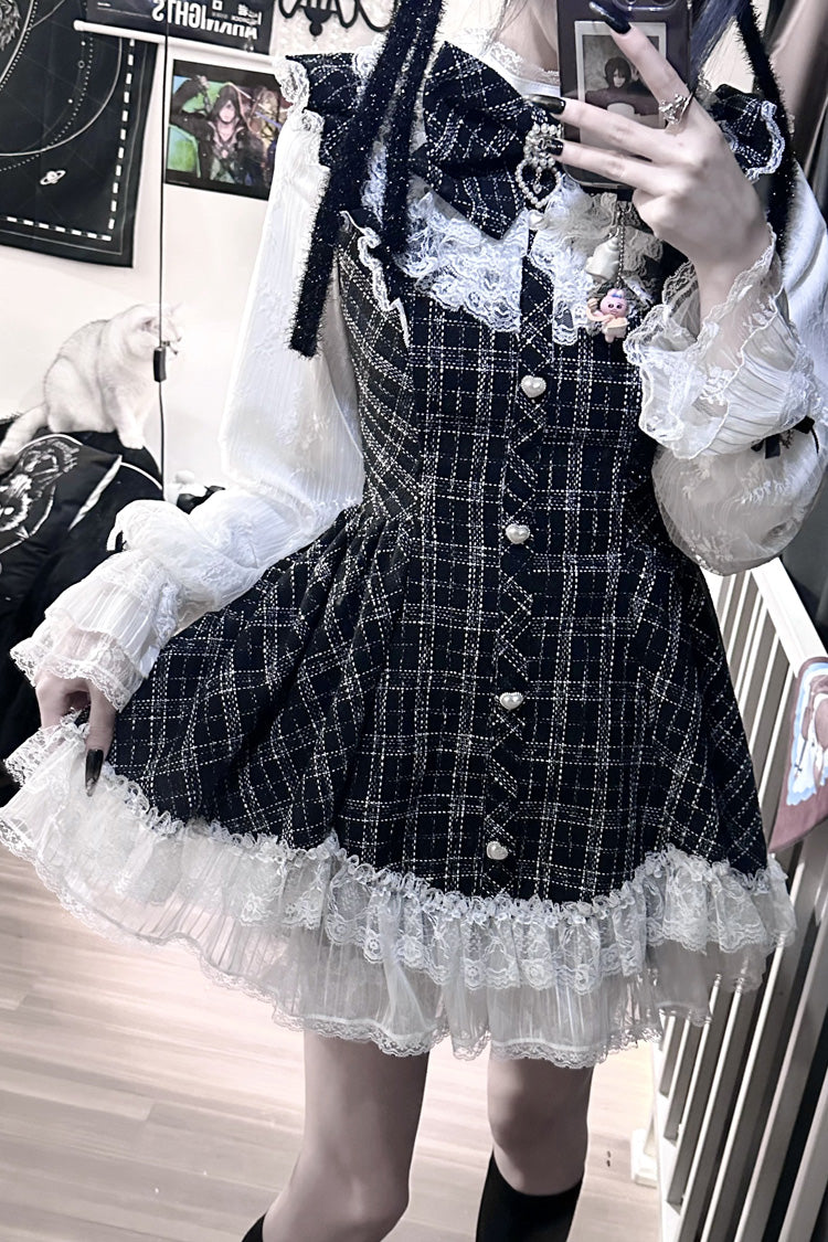 Black Plaid Print Ruffle Bow Lace Sweet Jirai Kei Dress with Shorts