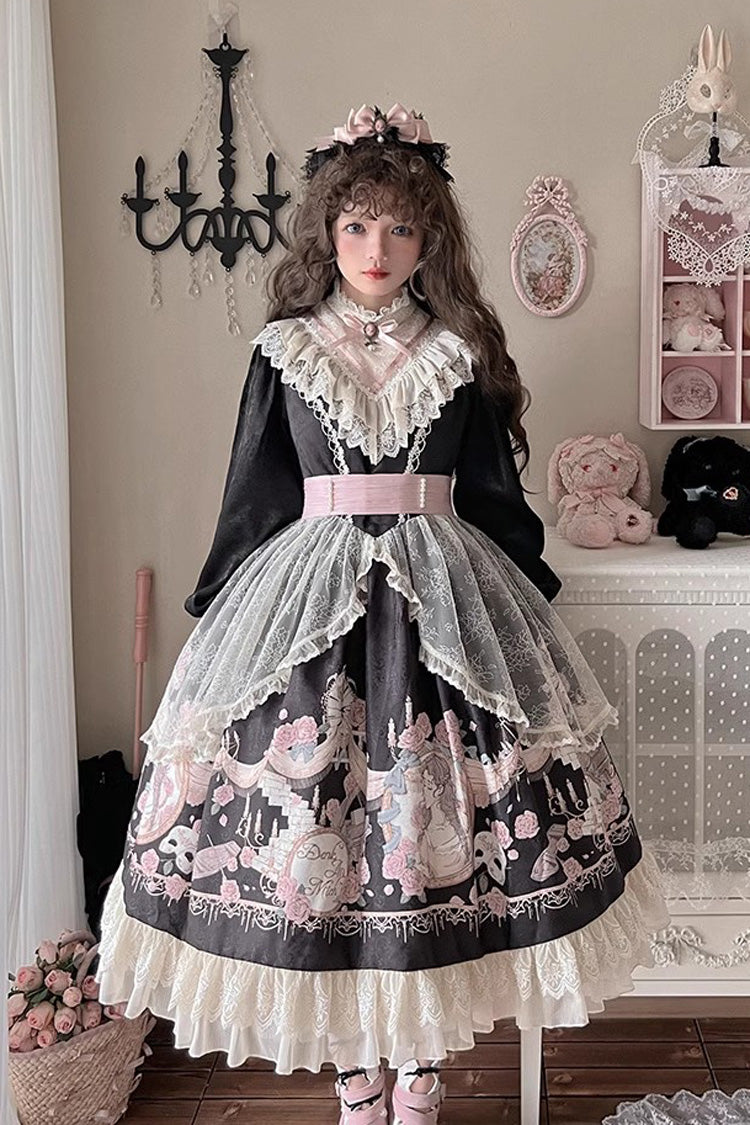 Dark Rose Prologue Print Long-Sleeve Ruffle Sweet Elegant Lolita Dress