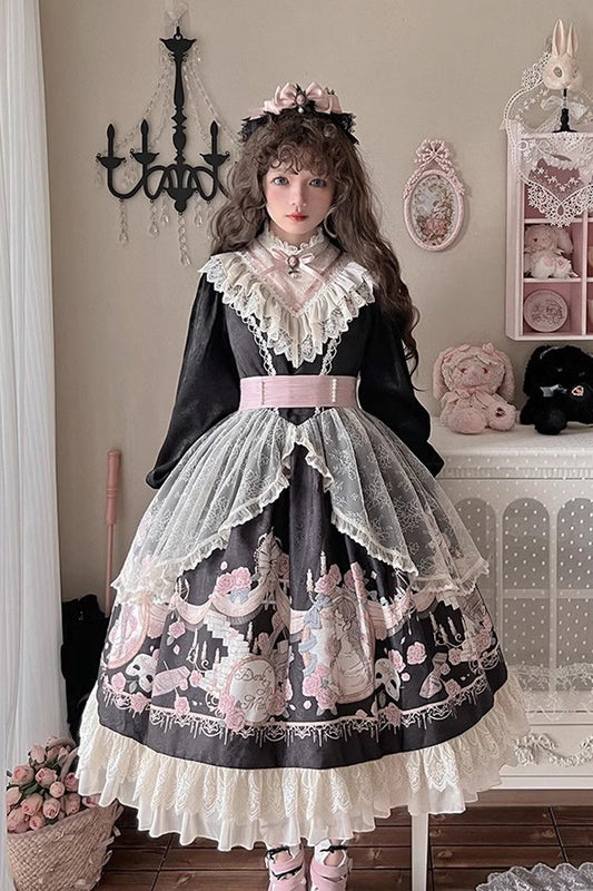 Dark Rose Prologue Print Long-Sleeve Ruffle Sweet Elegant Lolita Dress