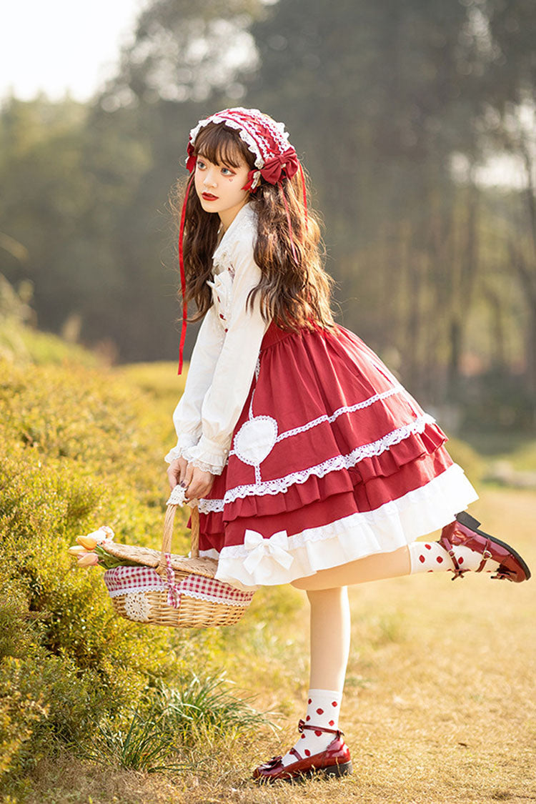 Wine Red Sweet Lolita JSK Dress with Lace and High Waist Bowknot - Altfashion Shop