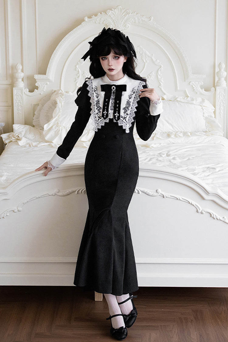 Rose Doll Square Collar Lace-Up Gothic Lolita Dress Set with Bow