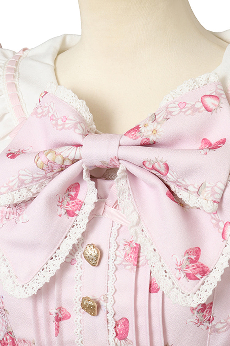Creamy Berry Print Puff-Sleeve Lace-Up Sweet Jirai Japanese Dress - Pink