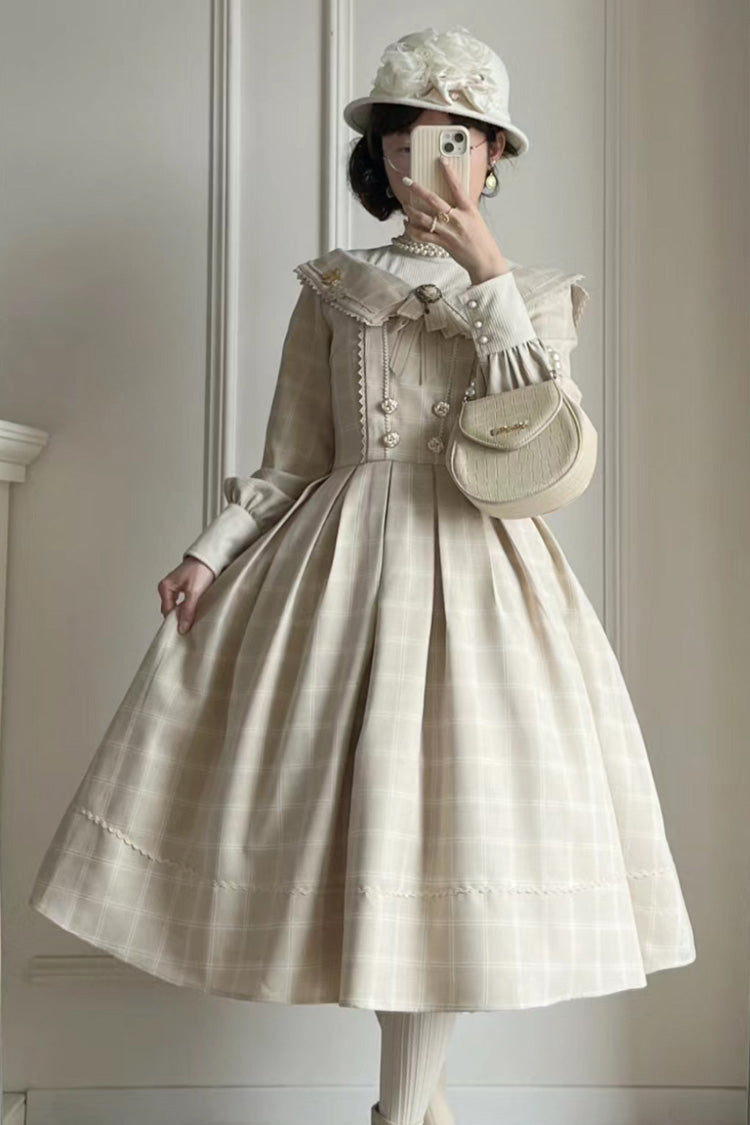 Apricot Elegant Sweet Lolita Dress with Long Sleeves Plaid Print and Bowknot Accents