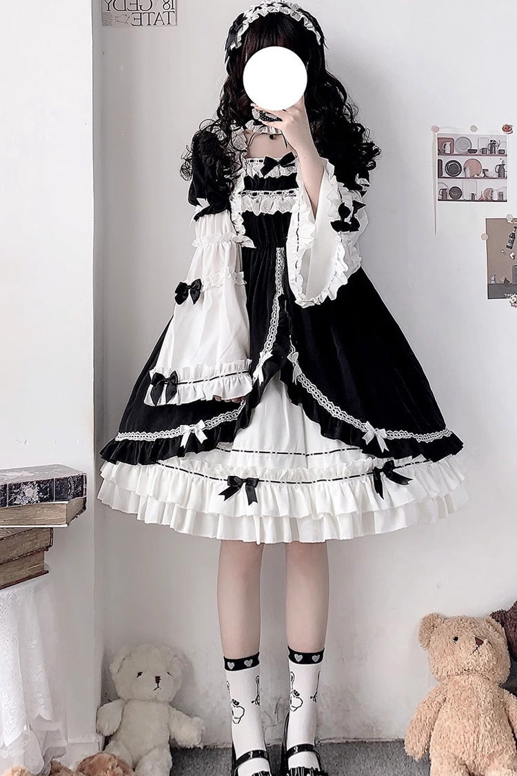 White/Black Hime Sleeves Multi-Layer Ruffle Cardigan Bowknot Gothic Princess Lolita Dress