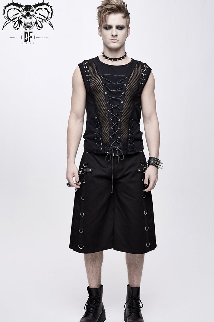 Men's Punk Vest with Lace-Up Splice Coarse Grain Chest
