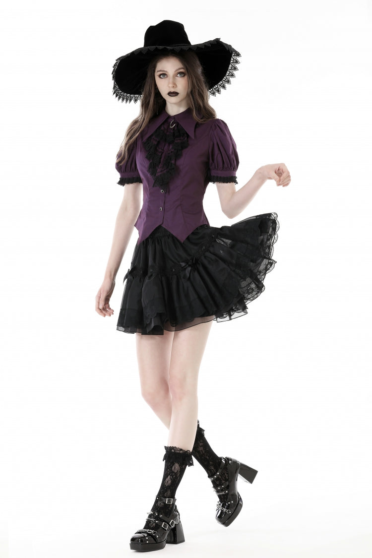 Periwinkle Moon Frill-Collar Puff-Sleeve Gothic Top