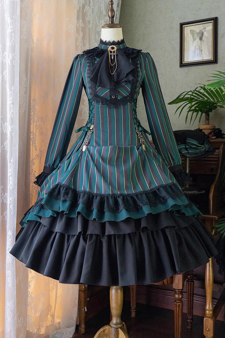 Point Manor Stand Collar Long Sleeves Multi Layer Striped Printed Ruffle Gothic Lolita Dress