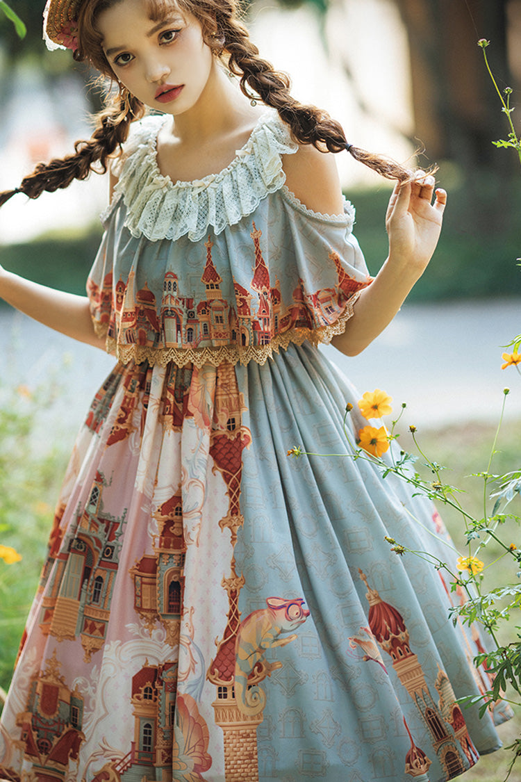 Multi-Color Oil Painting Printed Sweet Lolita Dress - Off Shoulder Short Sleeved