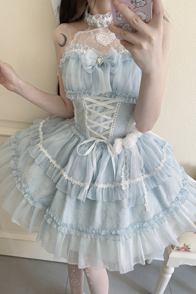 Light Blue Sweet Lolita JSK Halterneck Triple Layered Bowknot Lace