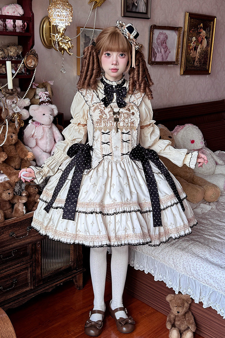 Cream Bear Holiday Sleeveless Double-Layer Embroidery Bow Frilled Sweet Lolita JSK Dress