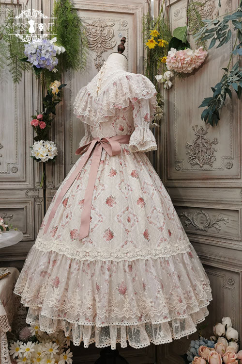 Embroidered Rose Print Lolita Dress with Ruffles, Sweet Vintage