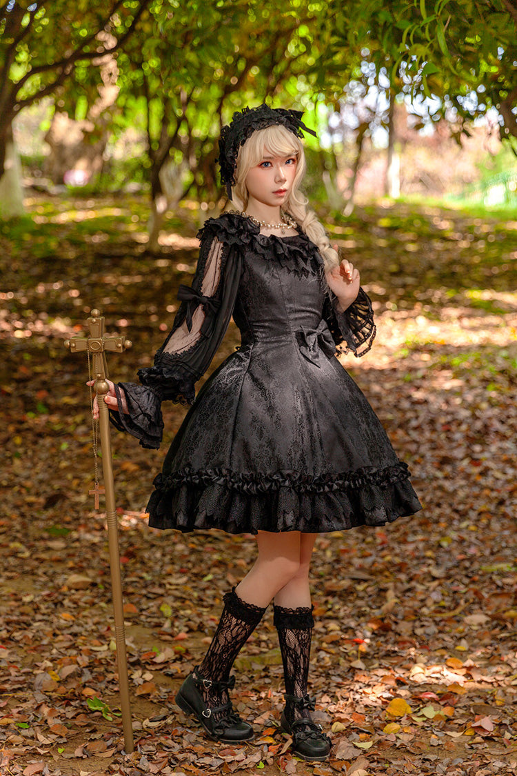 Floral Canon Round Collar Sleeveless Jacquard Printed Ruffled Bow Gothic Lolita Jsk Dress - Black