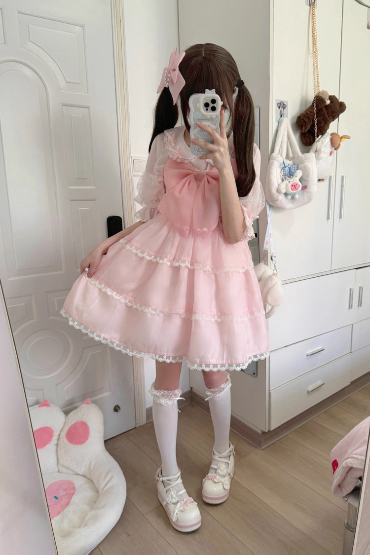 Pearl-Trimmed High-Waist Bow JSK Dress for Sweet Lolita - Multicolor