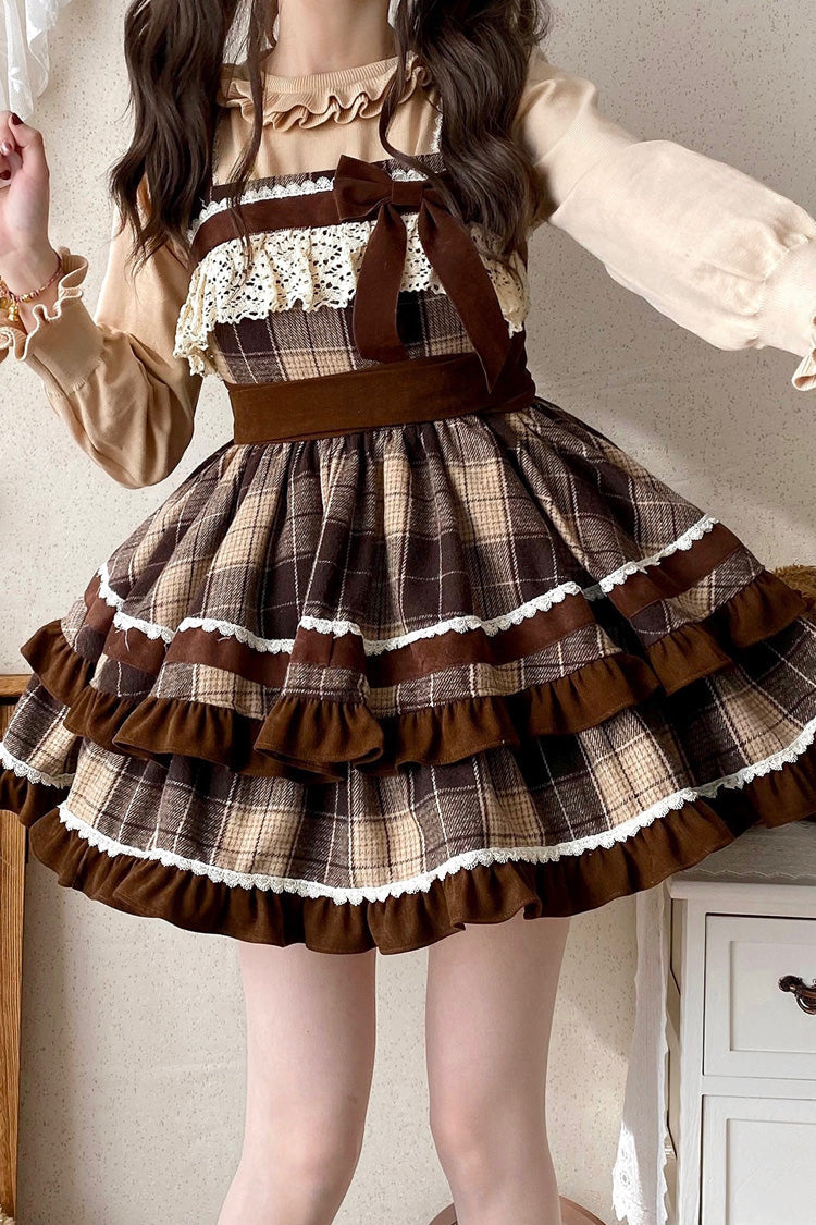 Cocoa Sleeveless Double-Layered Plaid Ruffle Bow Lace Sweet Lolita JSK