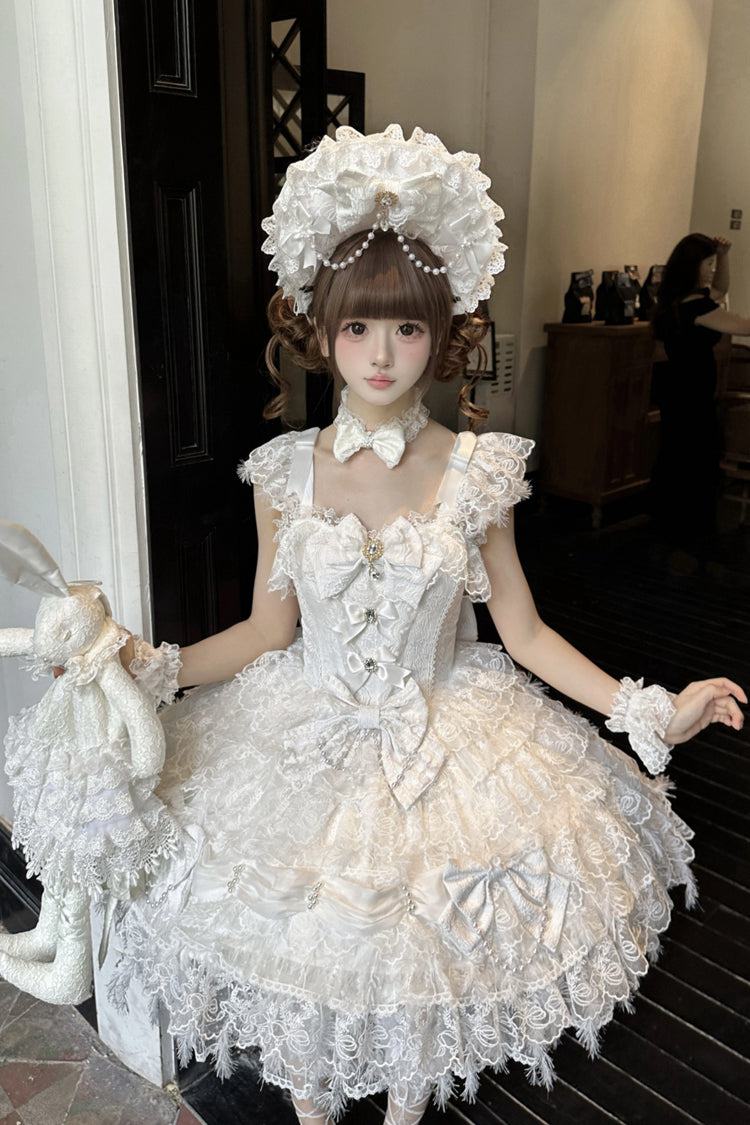 Ivory Gothic JSK with Pearl Bowknots and Layered Ruffles - Cloudborne Snowfeather