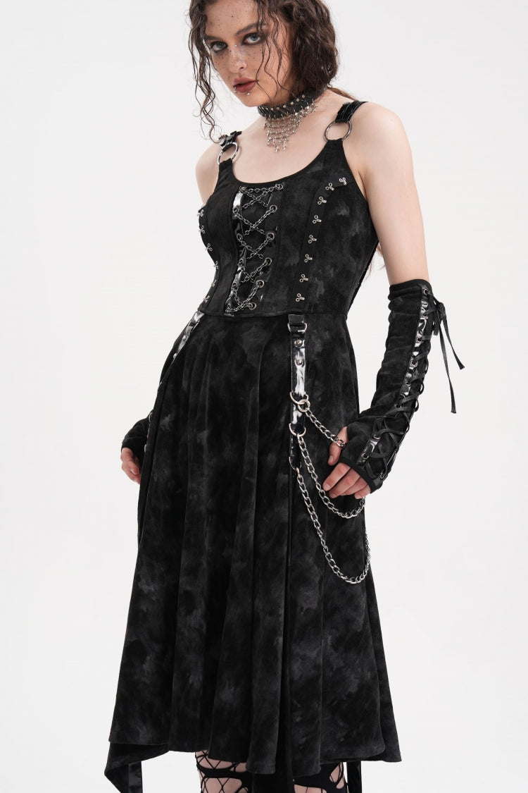 Gothic Slip Dress with Lace-Up Rings and Chains Plus Gloves