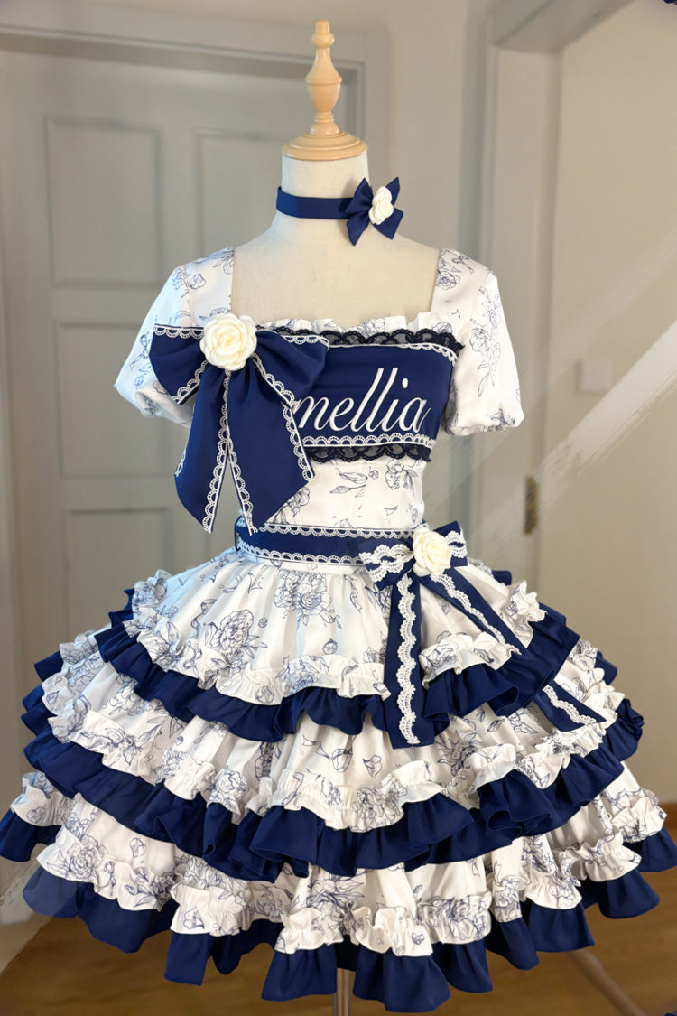 Cerulean and Ivory Porcelain Print Multi-Layer Ruffle Embroidery Bow Sweet Lolita Dress