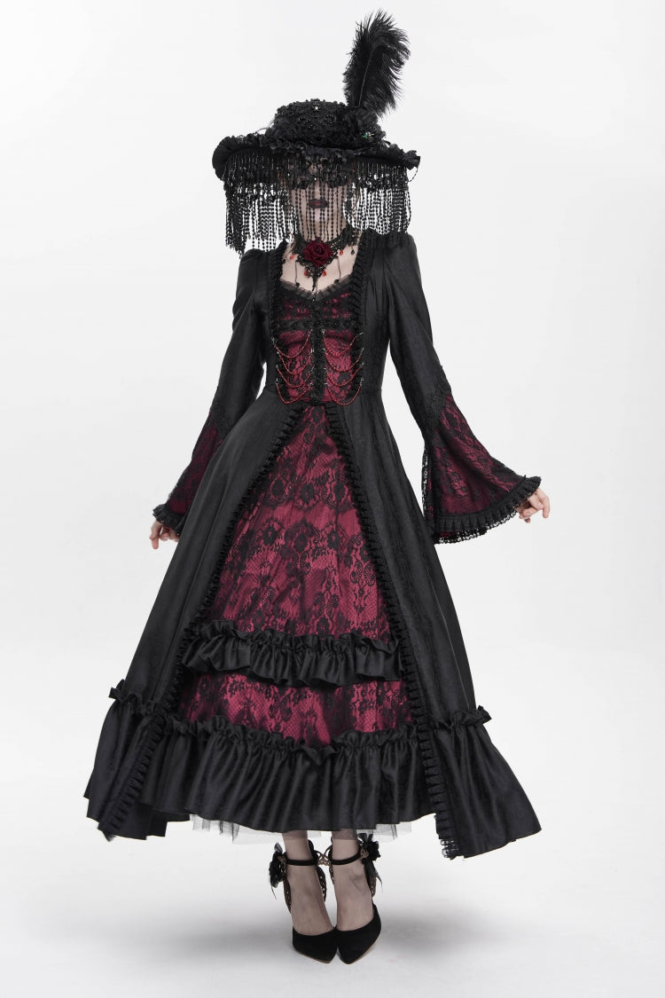 Scarlet Embroidered Lace-Up Pleated Gothic Dress