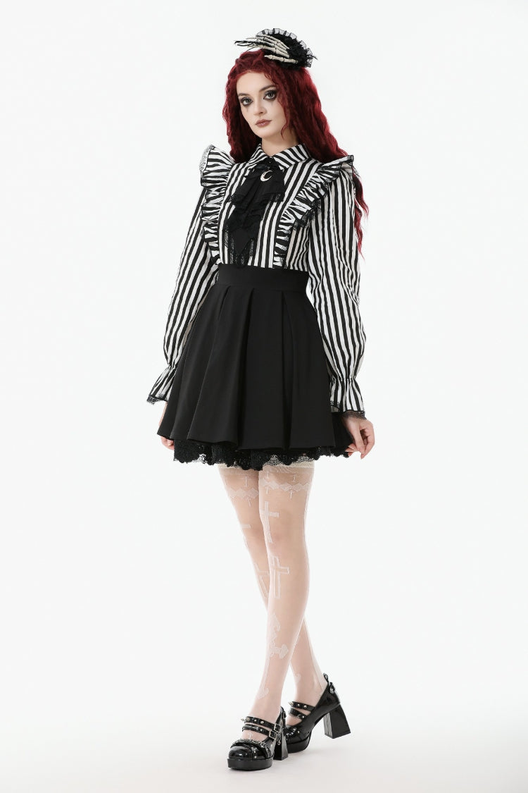 Striped Lapel Collar Long Sleeves Moon Lace Bow Ruffled Pleated Gothic Dress