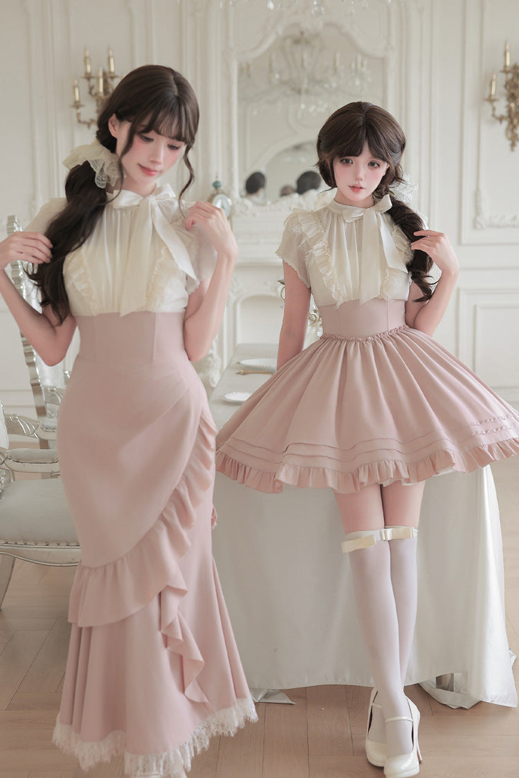 Blush & White Round Collar Short-Sleeve Ruffled Bow Lace Color-Blocked Boned Sweet Lolita Dress