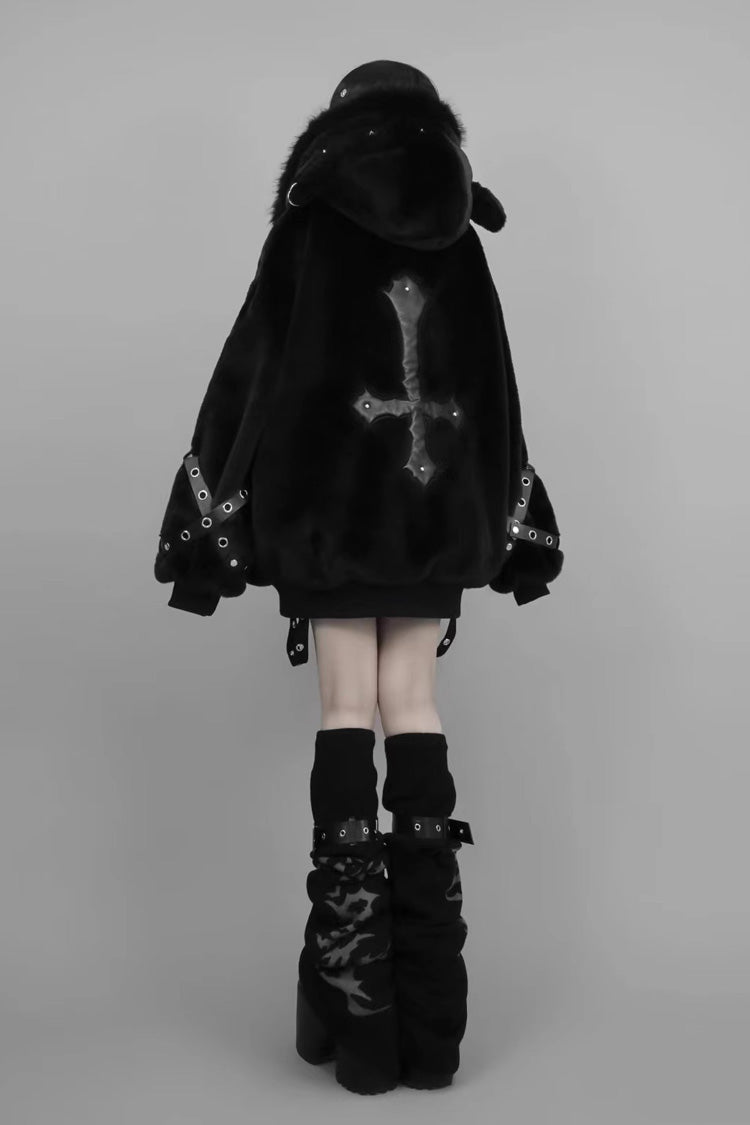 Black Hooded Coat with Lamb Ears and Rivet Details