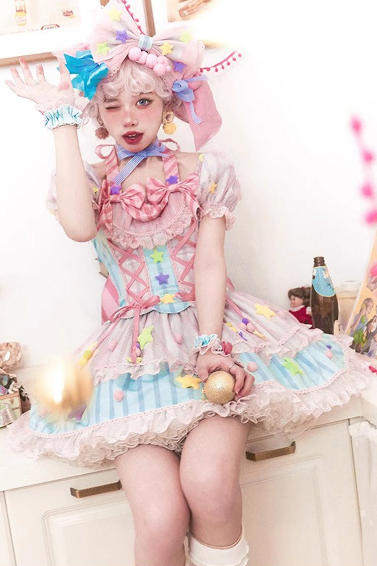 Pink Sugar Magic Print Ruffle Bow Lace Up Sweet Lolita Dress