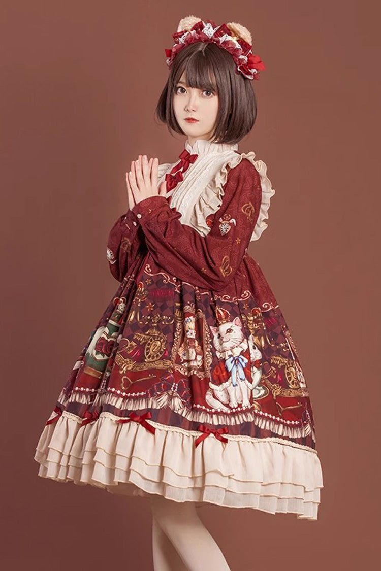 Multi-Layered Sweet Lolita Dress with Bowknot and Print - Rabbit and Bear Feast, 2 Shades