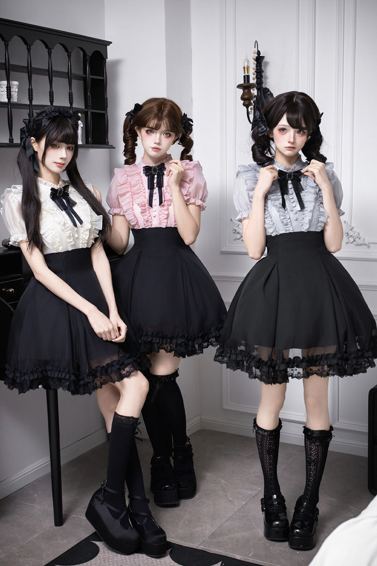 Miss Lola Snow Kiss Stand Collar Short Puff Sleeves Ruffled Color-Blocked Faux Two-Piece Sweet Lolita Dress 3 Colors - Black