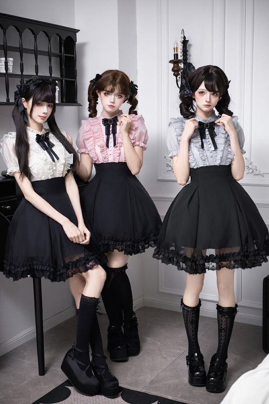 Miss Lola Snow Kiss Stand Collar Short Puff Sleeves Ruffled Color-Blocked Faux Two-Piece Sweet Lolita Dress 3 Colors - Black