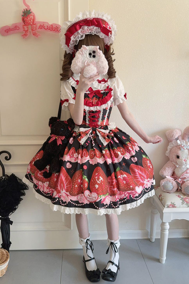 Strawberry Print Ruffled Bow Lace Sweet Lolita JSK