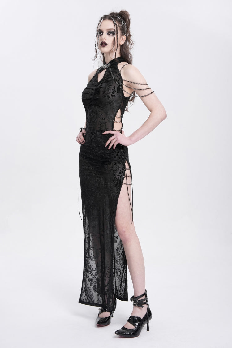 Stylish Black Cheongsam Collar Side Slit Embroidered Sleeveless Halter Gothic Dress