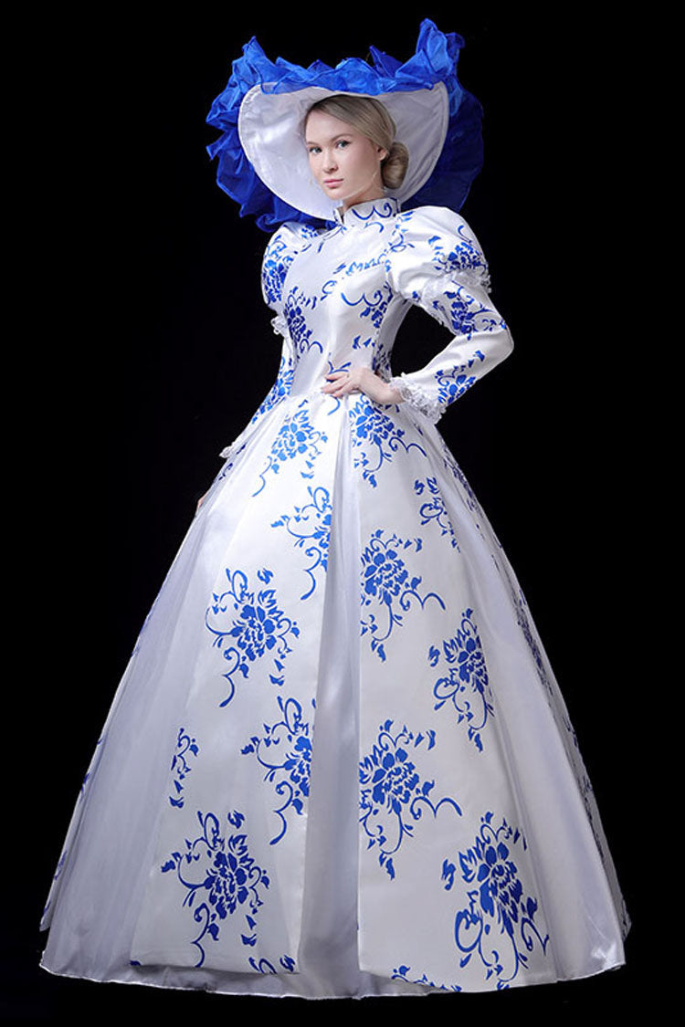 Cerulean and Ivory Porcelain Print Stand Collar High Waist Victorian Lolita Evening Dress