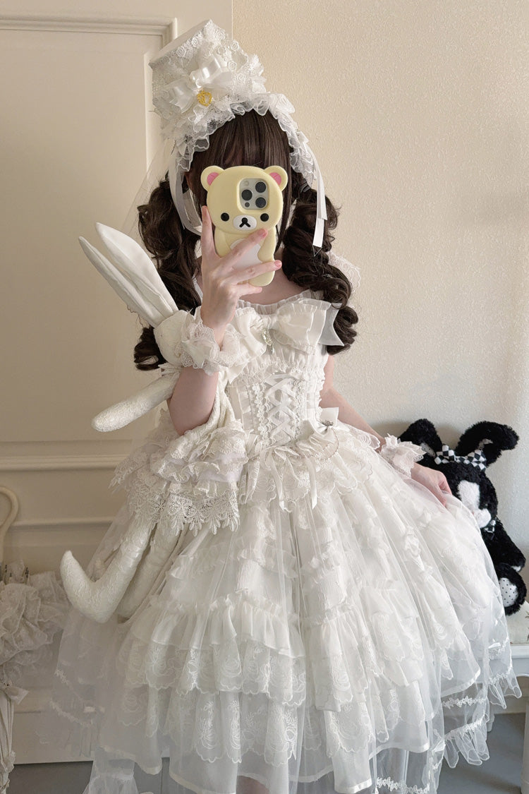 Ivory Sleeveless Multi Ruffle Bridal Bow Lace-Up JSK