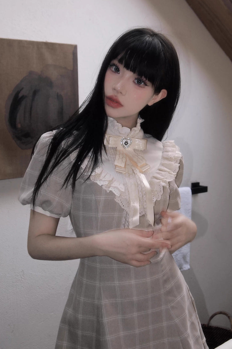 Apricot Plaid Printed Lace Japanese Dress
