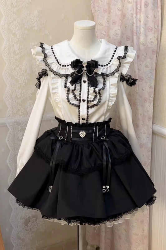 Monochrome Doll-Collar Ruffle Bow Sweet Jirai Kei Skirt Set