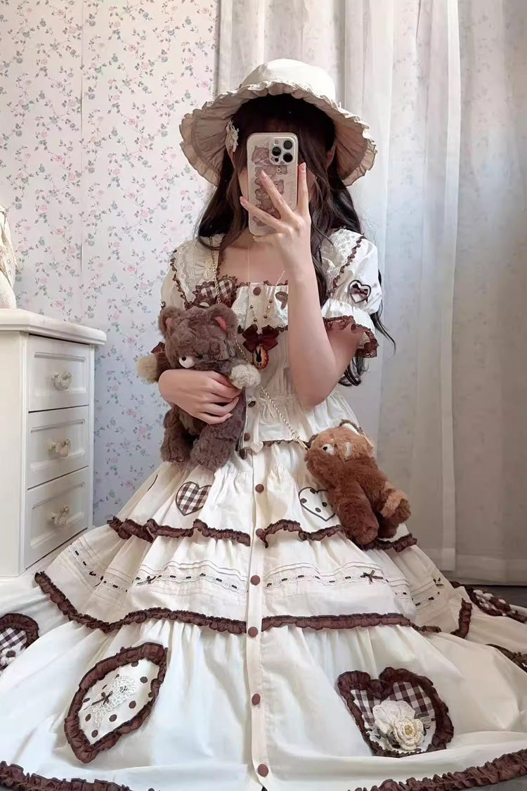 Cream Lovely Heart Triple-Layer Embroidery Bow Frilled Elegant Sweet Lolita Skirt