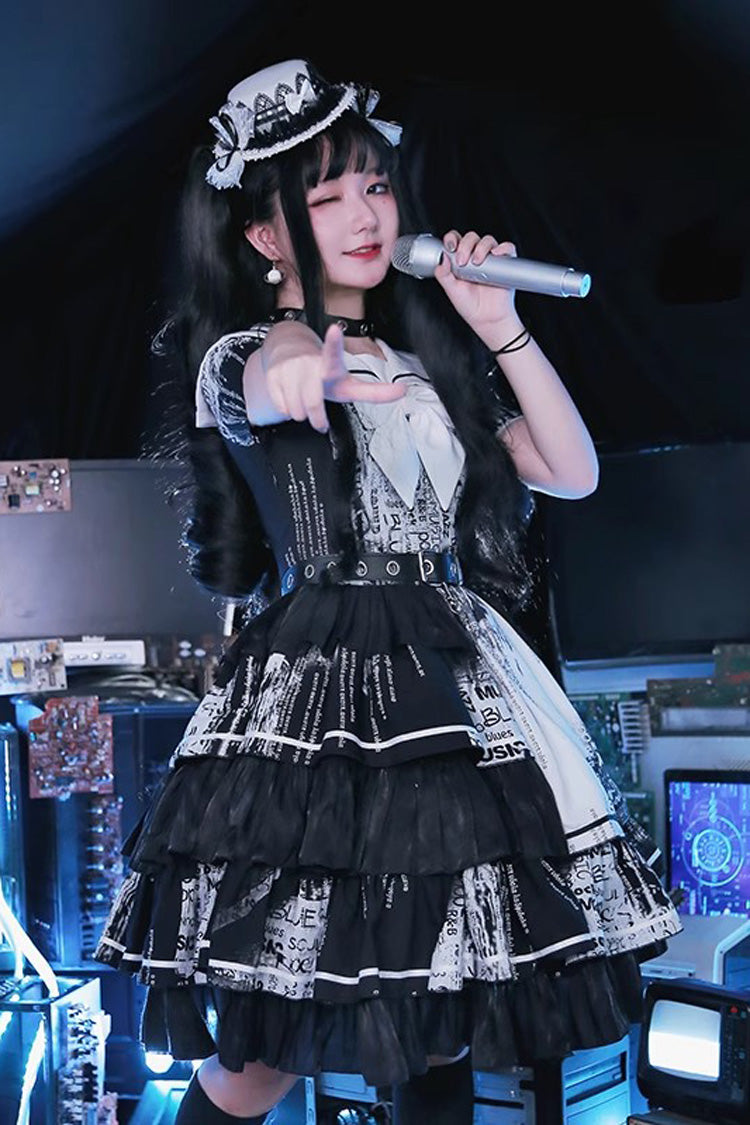 Black Short Sleeve Layered Ruffle Bowknot Asymmetric Punk Lolita Dress