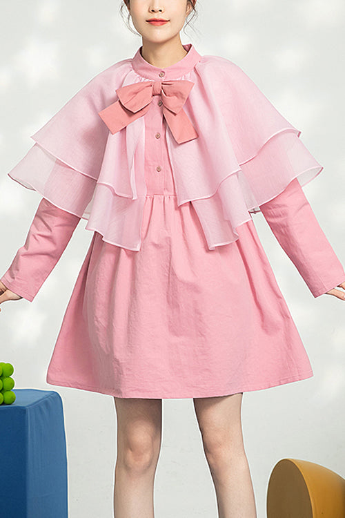 Blush Mandarin Collar Bow Organza Ruffled Shawl Princess Sweet Lolita One-Piece