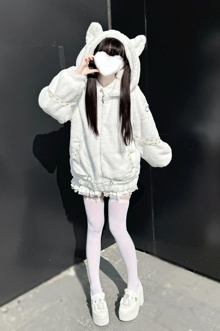 Hooded Jirai Kei Coat with Cat Ears and Zipper - Night Hunter, 2 Colors