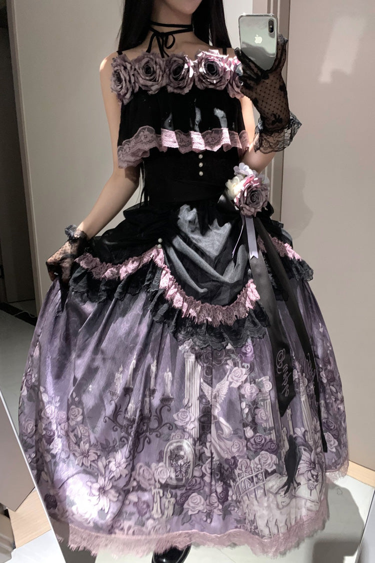 Angel Garden Black Purple Sleeveless Print Ruffle Bowknot Lace Sweet Gothic Skirt Set