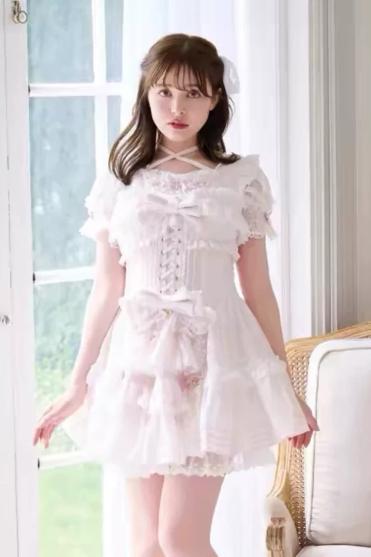Ruffled Lace-Up Bow Print Long Sleeve Jirai Dress Set with Triple Layers