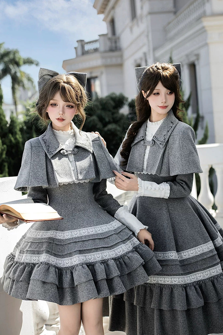 Classic Elegant Lolita Dress with Stand Collar and Ruffled Bow - Grey