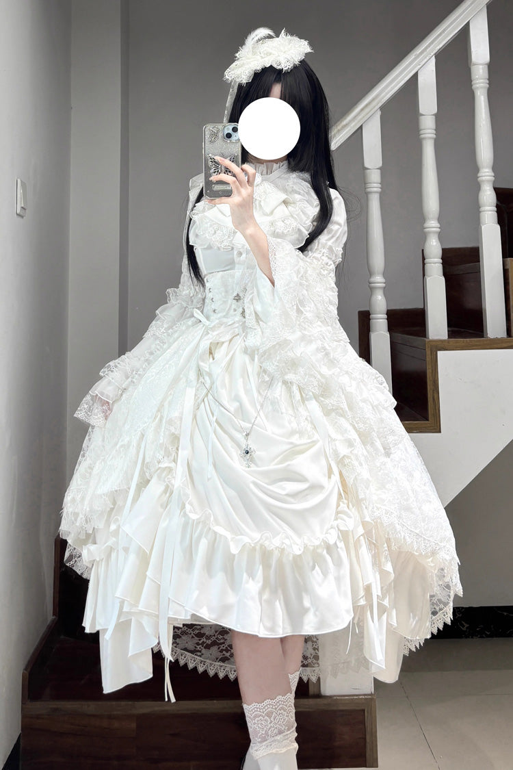 Ivory Long Hime Sleeve Ruffled Bow Gothic Skirt Dress Set
