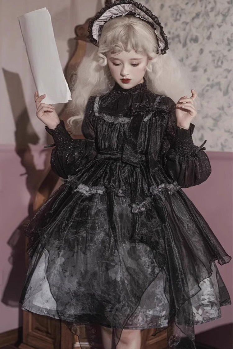 Black Mandarin Collar High-Waist Dead Leaf Print Tulle Gothic Lolita JSK
