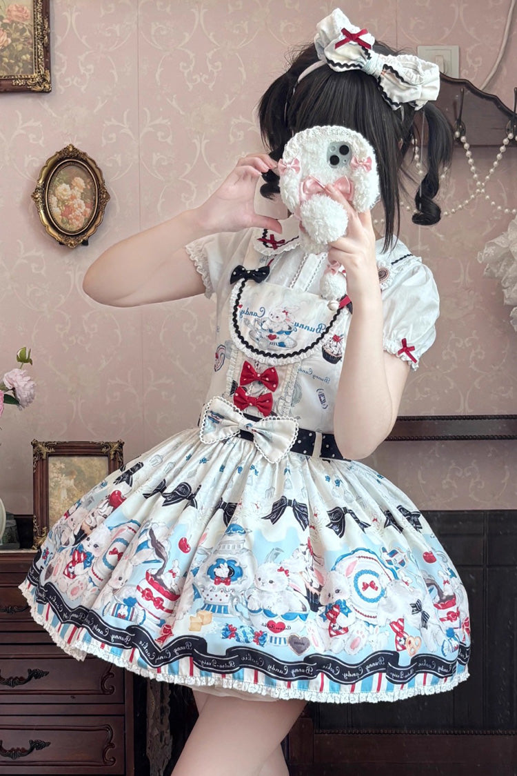 Sleeveless Print Bowknot Lace Sweet Lolita Strap Dress Beige