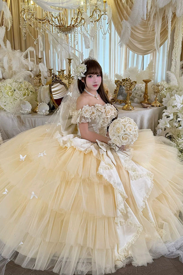 Apricot Sweet Lolita JSK Long Dress with Ruffled Hanayome Bow Lace-Up and Sleeveless Design