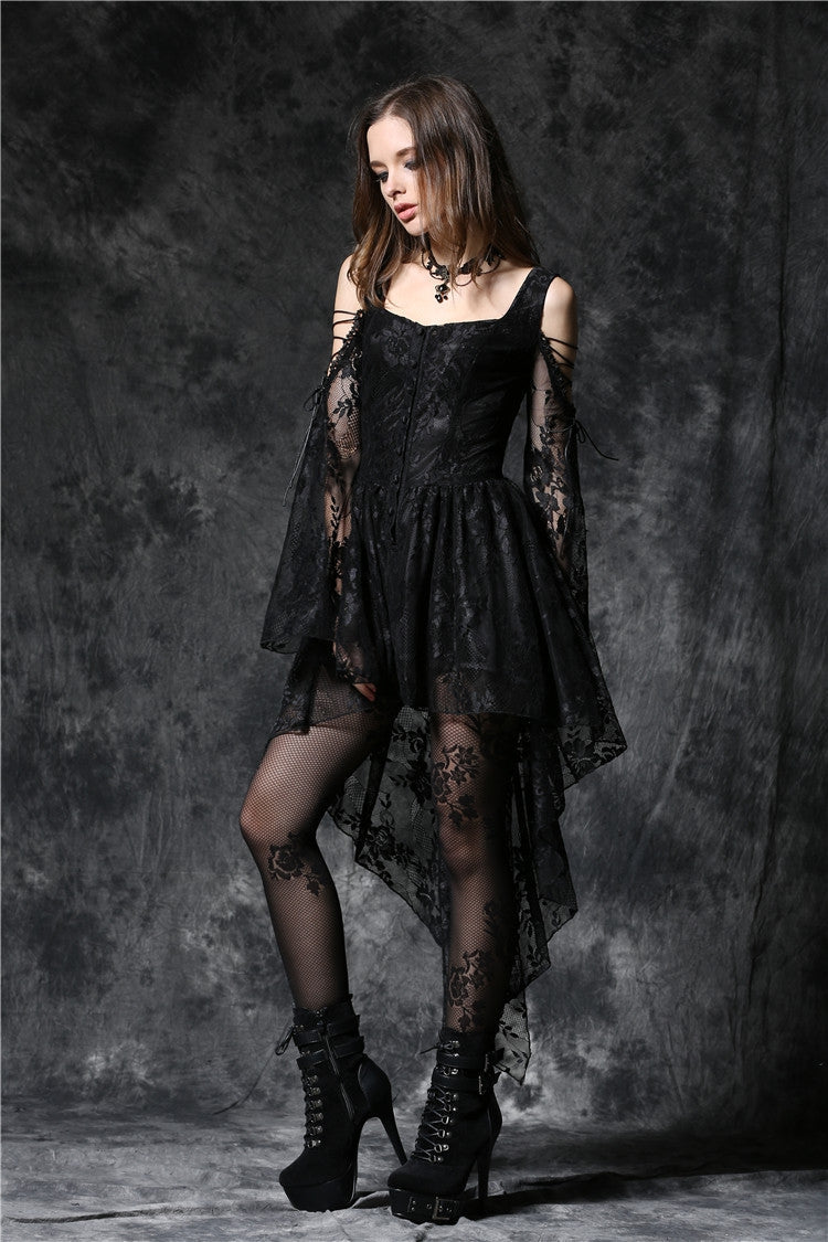 Square Collar Long Sleeves Overlay Embroidered Lace Gothic Dress