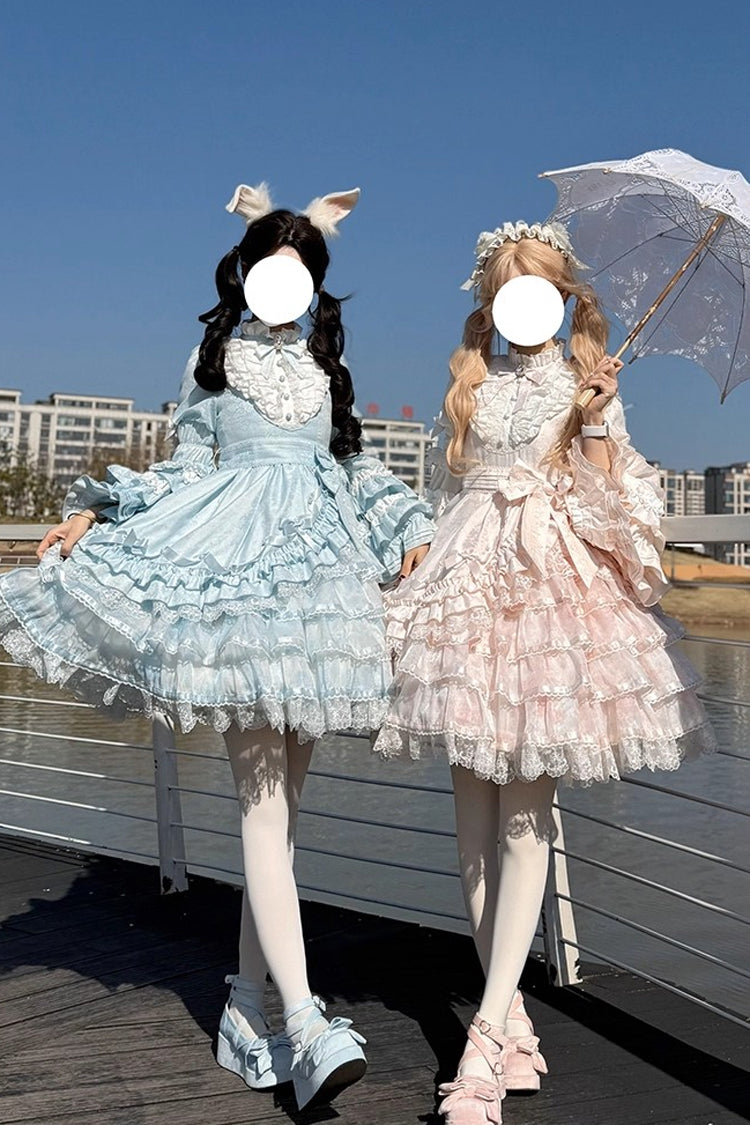 Pink Soloist Doll Long Hime Sleeve Multi-Layer Print Ruffle Bow Asymmetrical Sweet Lolita
