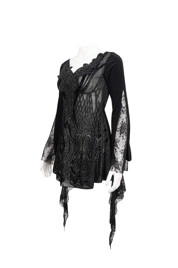 Beaded Lace Floral Gothic Tee with Flared Cuffs